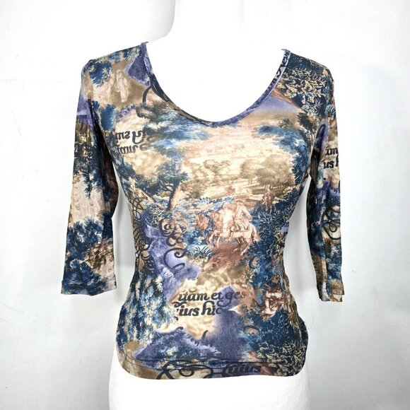 Vintage 90s Y2K French Hunting Painting Micro Mesh Sheer 3/4 Sleeve Top USA - Picture 1 of 10